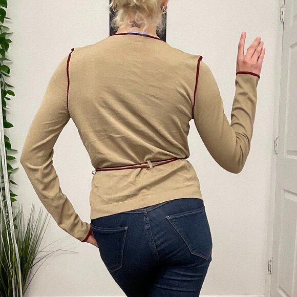 White + Warren Crew Neck Button-Up Cardigan Sweater Tie-Waist Size S Tan - Picture 11 of 15